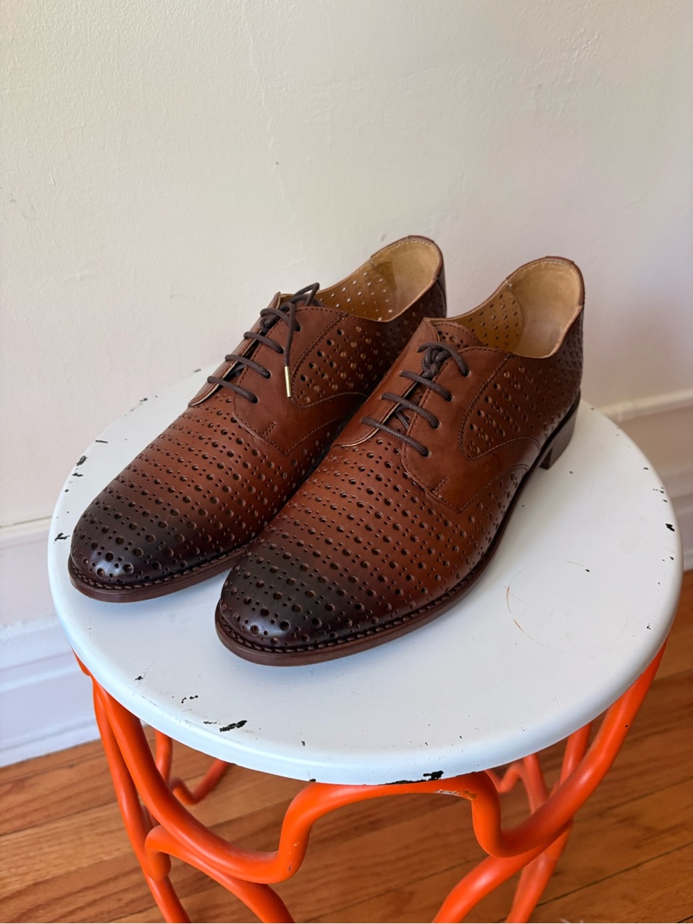 The Office of Angela Scott Classic Perforated Brown Leather Oxford Shoes